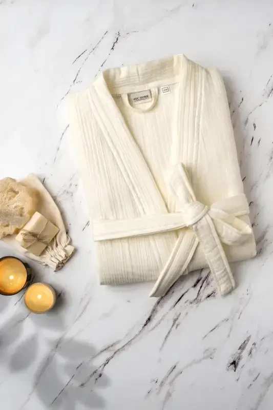 Unisex Kimono Muslin Bathrobe Towel Set Ecru-ECRU - 6