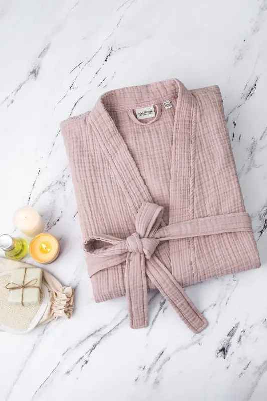 Unisex Kimono Muslin Bathrobe Towel Set Powder - 6