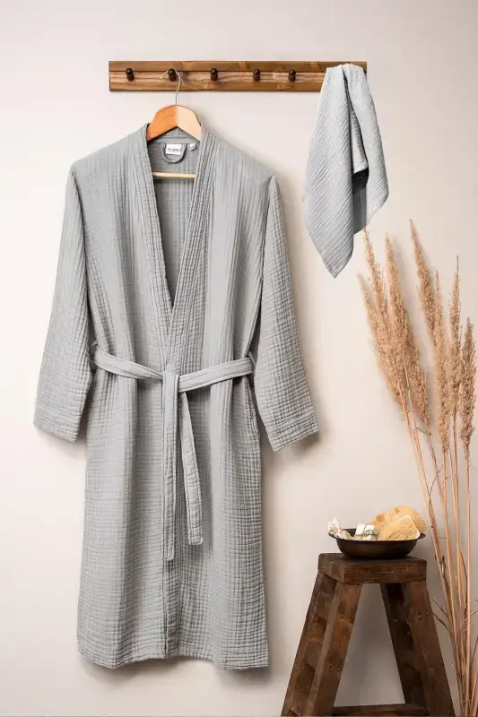Unisex Kimono Müslin Bornoz Havlu Seti Gri-GRI - DENİZLİ CONCEPT