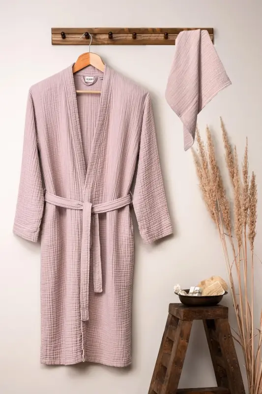 Unisex Kimono Muslin Xalat Sochigʻi Toʻplami Pudra - 1