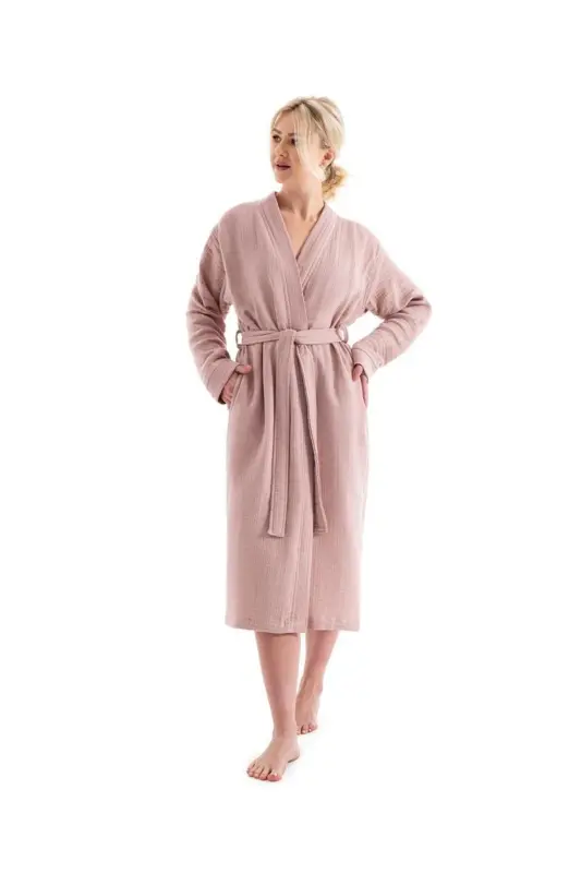 Unisex Kimono Muslin Xalat Sochigʻi Toʻplami Pudra - 2