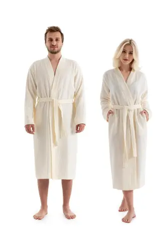 Unisex Kimono Muslin Xalat Sochigʻich Ekru-EKRU - DENIZLI CONCEPT (1)