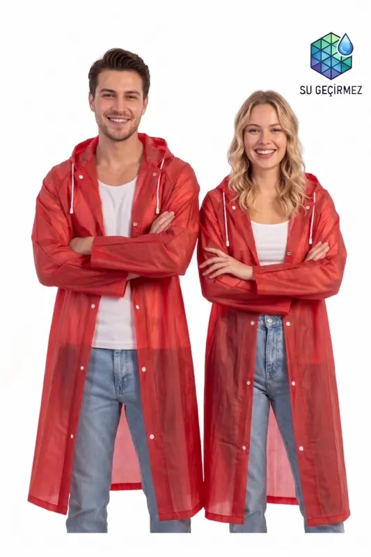 Unisex Kırmızı Eva Kumaş Su Rüzgar Geçirmez Yağmurluk - Kırmızı - 3