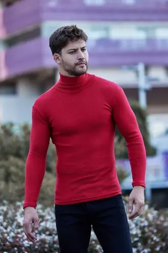 Unisex Kırmızı Pamuklu Kaşkorse Şardonlu Slimfit Boğazlı Kazak-KIRMIZI1 - 3