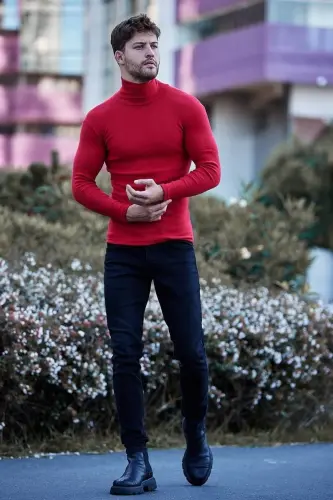 Unisex Kırmızı Pamuklu Kaşkorse Şardonlu Slimfit Boğazlı Kazak-KIRMIZI1 - 5