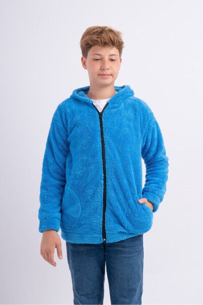 Unisex Kız Erkek Genç Çocuk Kapüşonlu Cepli Polar Welsoft Peluş Ceket Hırka-Mavi - 8