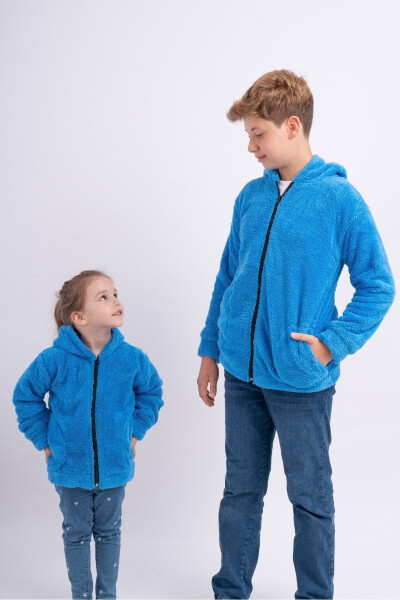 Unisex Kız Erkek Genç Çocuk Kapüşonlu Cepli Polar Welsoft Peluş Ceket Hırka-Mavi - SWEETS COLLECTION