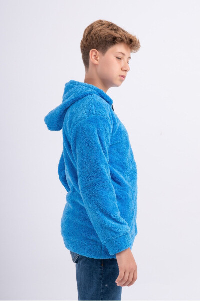 Unisex Kız Erkek Genç Çocuk Kapüşonlu Cepli Polar Welsoft Peluş Ceket Hırka-Mavi - 3