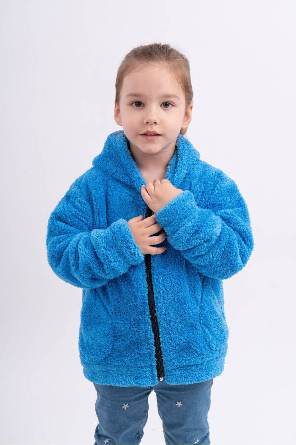 Unisex Kız Erkek Genç Çocuk Kapüşonlu Cepli Polar Welsoft Peluş Ceket Hırka-Mavi - 6