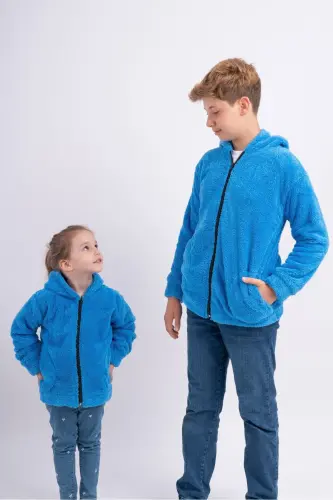Unisex Kız Erkek Genç Çocuk Kapüşonlu Cepli Polar Welsoft Peluş Ceket Hırka - Mavi 