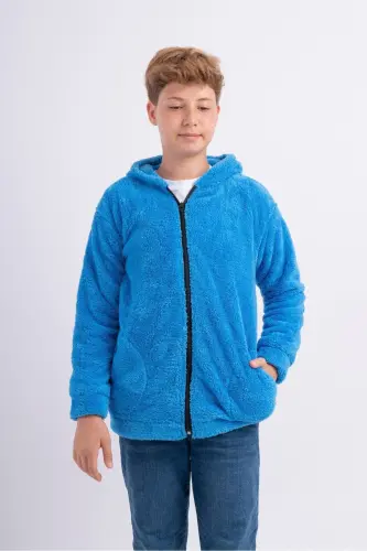 Unisex Kız Erkek Genç Çocuk Kapüşonlu Cepli Polar Welsoft Peluş Ceket Hırka - Mavi - SWEET'S COLLECTION (1)