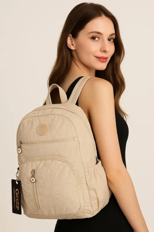 Unisex Krinkıl Su Geçirmez Kumaş Büyük Boy Çok Gözlü Okul ve Seyahat Sırt Çantası cty-lbn-101-Krem - 6