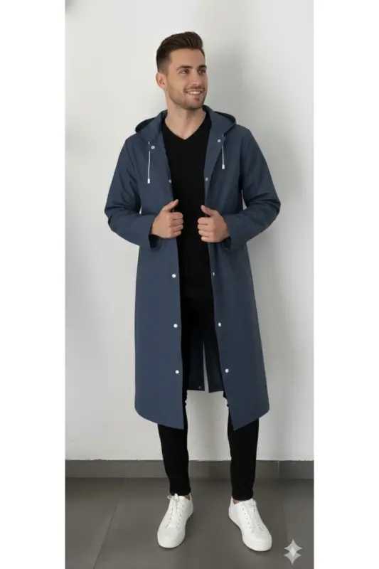 Unisex Lacivert Eva Kumaş Su Rüzgar Geçirmez Yağmurluk - Lacivert - 1