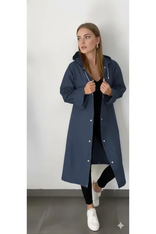 Unisex Lacivert Eva Kumaş Su Rüzgar Geçirmez Yağmurluk - Lacivert - 2