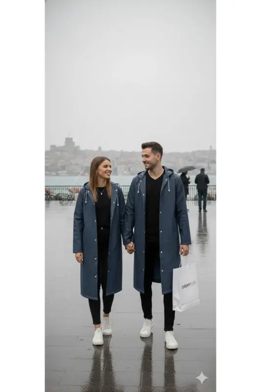 Unisex Lacivert Eva Kumaş Su Rüzgar Geçirmez Yağmurluk - Lacivert - 3