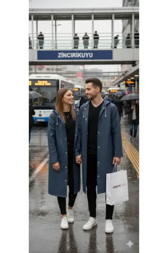 Unisex Lacivert Eva Kumaş Su Rüzgar Geçirmez Yağmurluk - Lacivert - 4