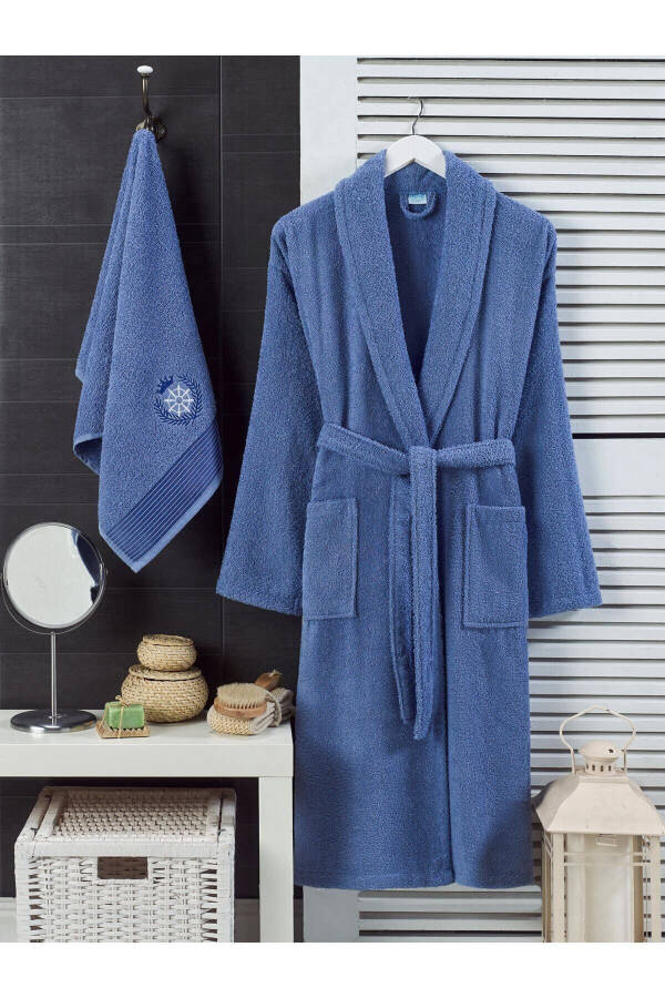 Unisex Lacivert Havlulu Bornoz 2li Set - LACİVERT - 1