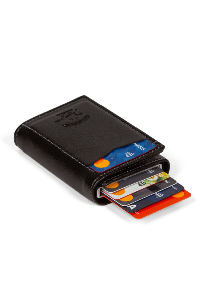 Unisex Leather Aluminum Mechanism, Card Wallet. Black Automatic Card Holder - Aluminum Protected - 1