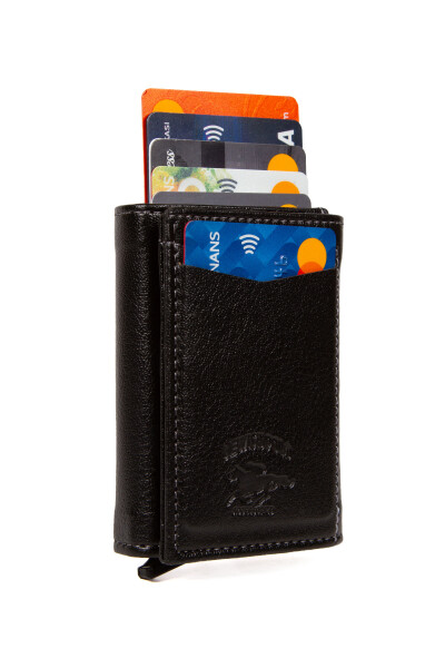 Unisex Leather Aluminum Mechanism, Card Wallet. Black Automatic Card Holder - Aluminum Protected - 2