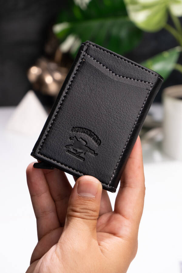 Unisex Leather Aluminum Mechanism, Card Wallet. Black Automatic Card Holder - Aluminum Protected - 3