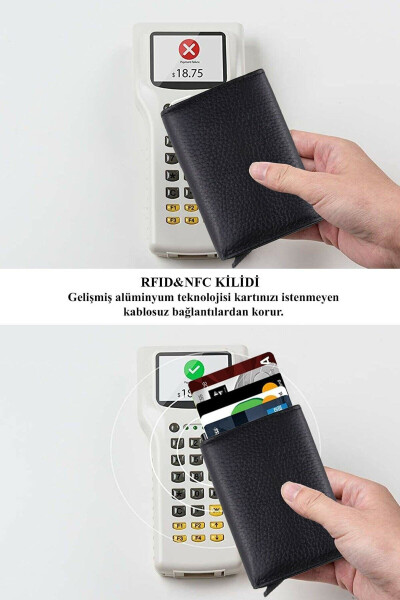 Unisex Leather Aluminum Mechanism, Card Wallet. Black Automatic Card Holder - Aluminum Protected - 4