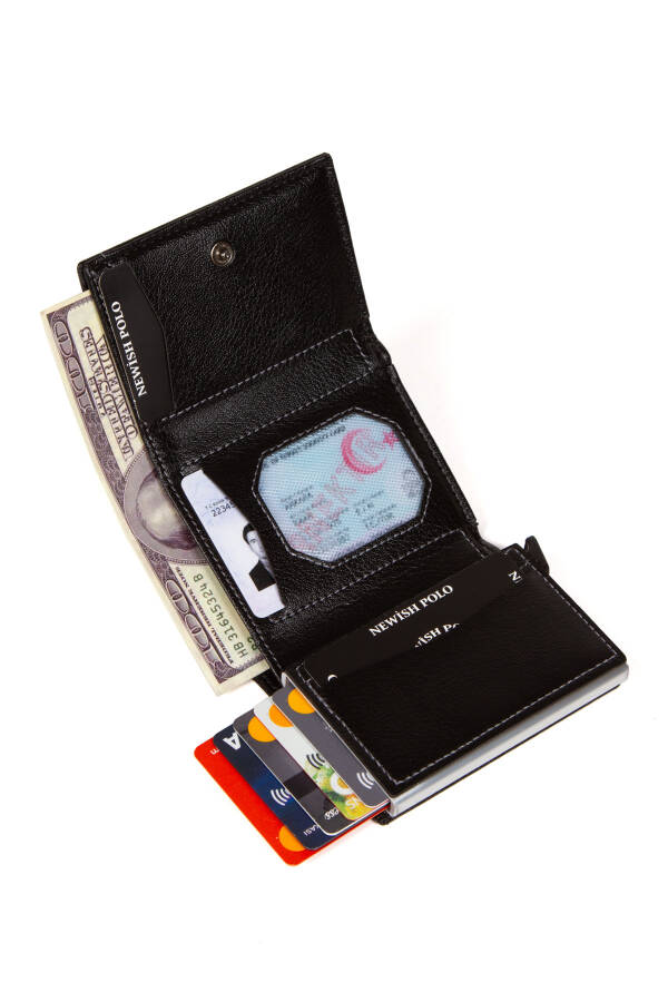 Unisex Leather Aluminum Mechanism, Card Wallet. Black Automatic Card Holder - Aluminum Protected - 5