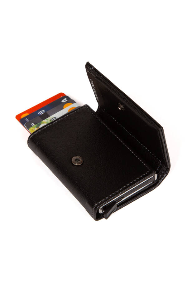 Unisex Leather Aluminum Mechanism, Card Wallet. Black Automatic Card Holder - Aluminum Protected - 6