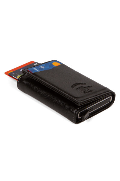 Unisex Leather Aluminum Mechanism, Card Wallet. Black Automatic Card Holder - Aluminum Protected - 7