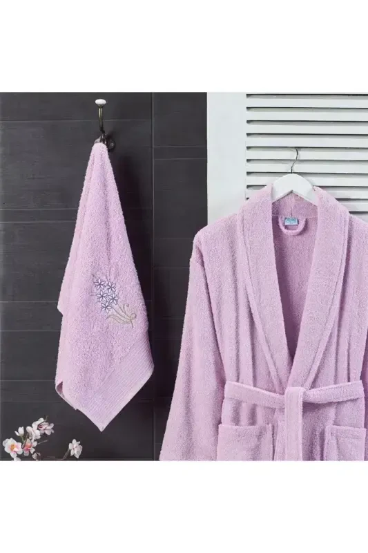 Unisex Leylak Havlulu Bornoz 2'li Set-LEYLAK - 2