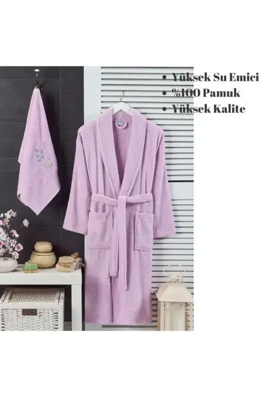 Unisex Leylak Havlulu Bornoz 2'li Set-LEYLAK - 3