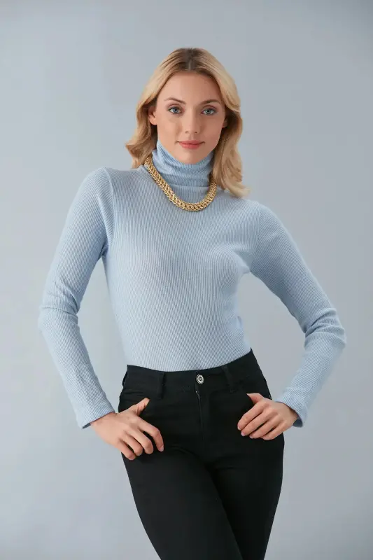Unisex Light Blue Cotton Fabric Turtleneck Ribbed Brushed Slim Fit Turtleneck Sweater-Light Blue - 1