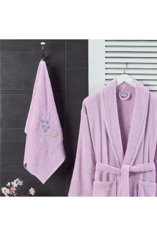 Unisex Lilac Towel Bathrobe 2-Piece Set-LILAC - 2