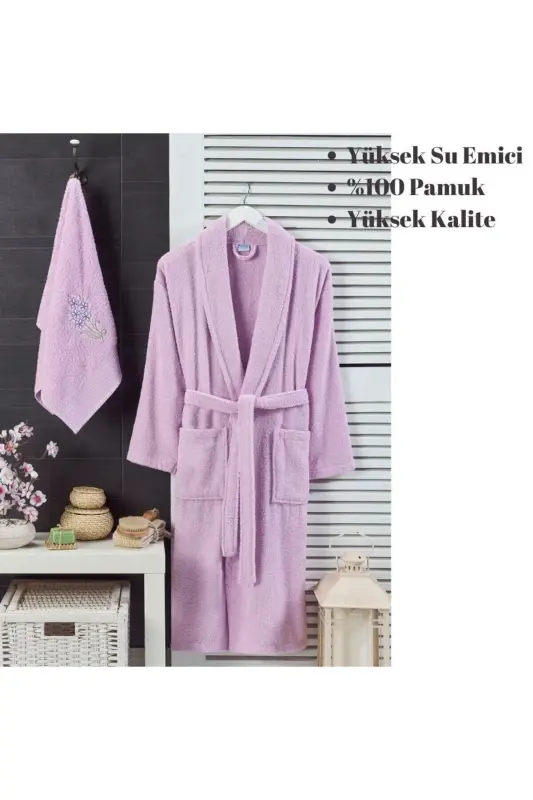 Unisex Lilac Towel Bathrobe 2-Piece Set-LILAC - 3