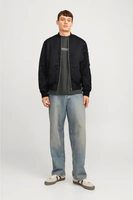 Unisex Lined Plain Bomber Jacket - Black - 1