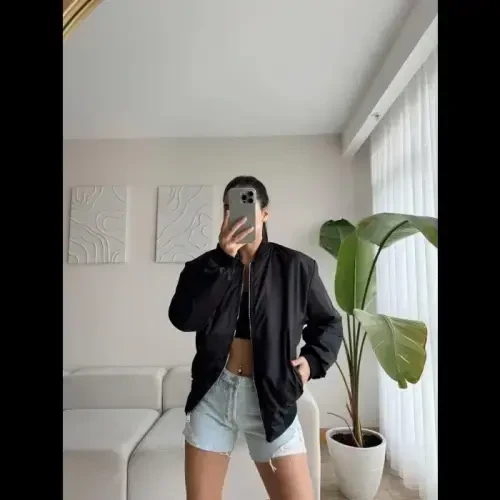 Unisex Lined Plain Bomber Jacket - Black - BÜYÜKBEDENIZ (1)