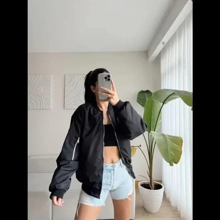 Unisex Lined Plain Bomber Jacket - Black - 3