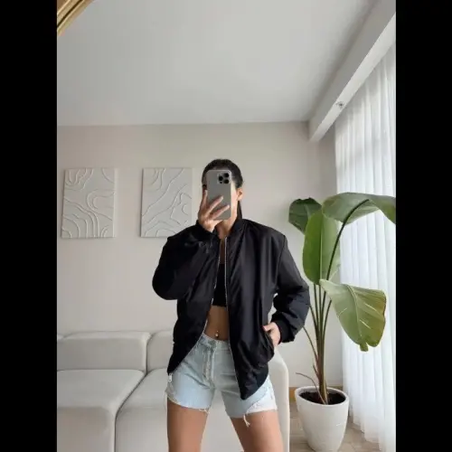 Unisex Lined Plain Bomber Jacket - Black - BÜYÜKBEDENIZ (1)