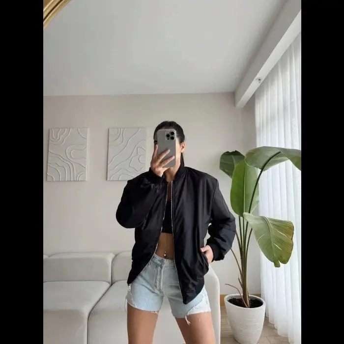 Unisex Lined Plain Bomber Jacket - Black - 2