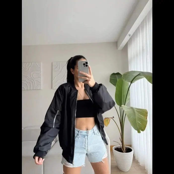 Unisex Lined Plain Bomber Jacket - Black - 4