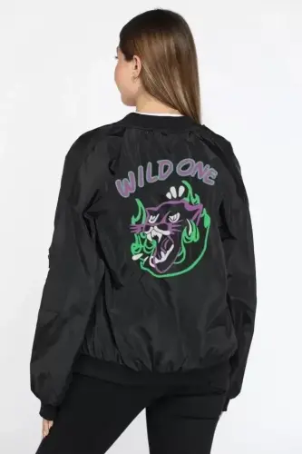 Unisex Long Sleeve Printed Bomber Jacket - Black - 1
