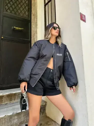 Unisex Long Sleeve Printed Bomber Jacket - Black - BÜYÜKBEDENIZ (1)