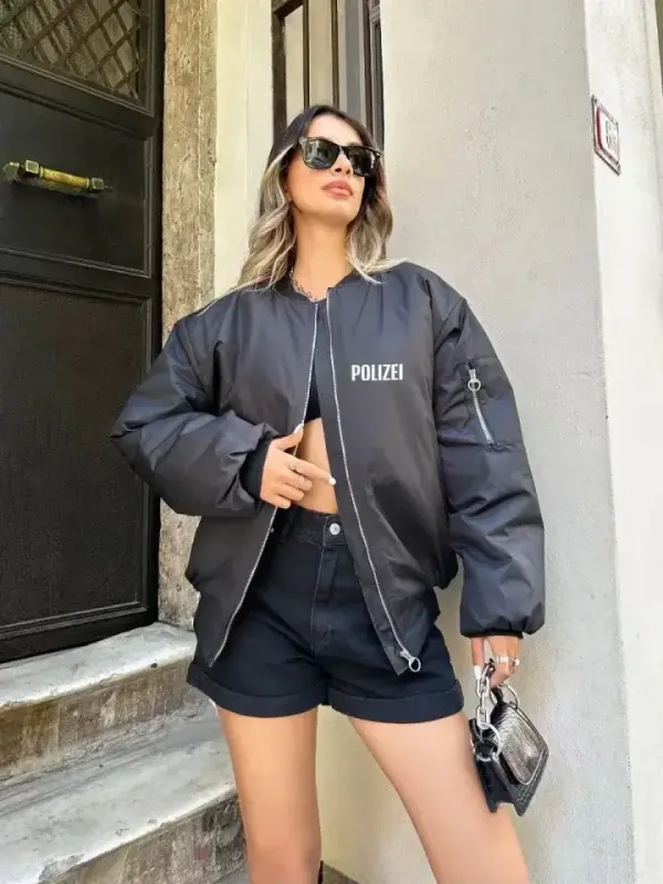 Unisex Long Sleeve Printed Bomber Jacket - Black - BÜYÜKBEDENIZ