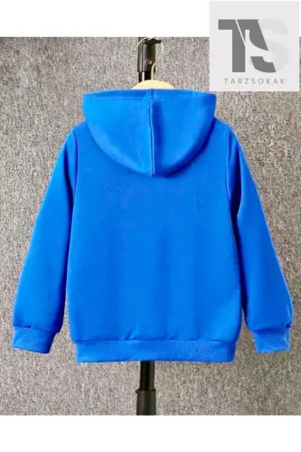 Unisex Mavi Fermuarlı Kapüşonlu - saks - 3