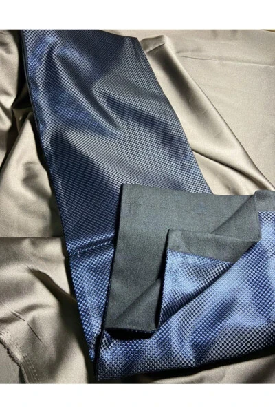 Unisex Navy Baklava Pattern Satin Thin Cashmere Textured Warm Soft Winter Scarf - Gift - BIES (1)