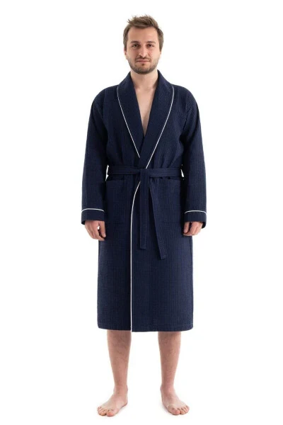 Unisex Navy Blue Hooded Bathrobe - Durable and Soft Model - Absorbent Bathrobe Color Options Available - 3