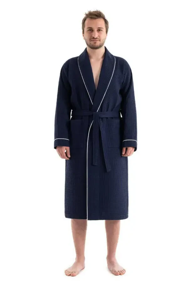 Unisex Navy Blue Hooded Bathrobe - Durable and Soft Model - Absorbent Bathrobe Color Options Available - 3