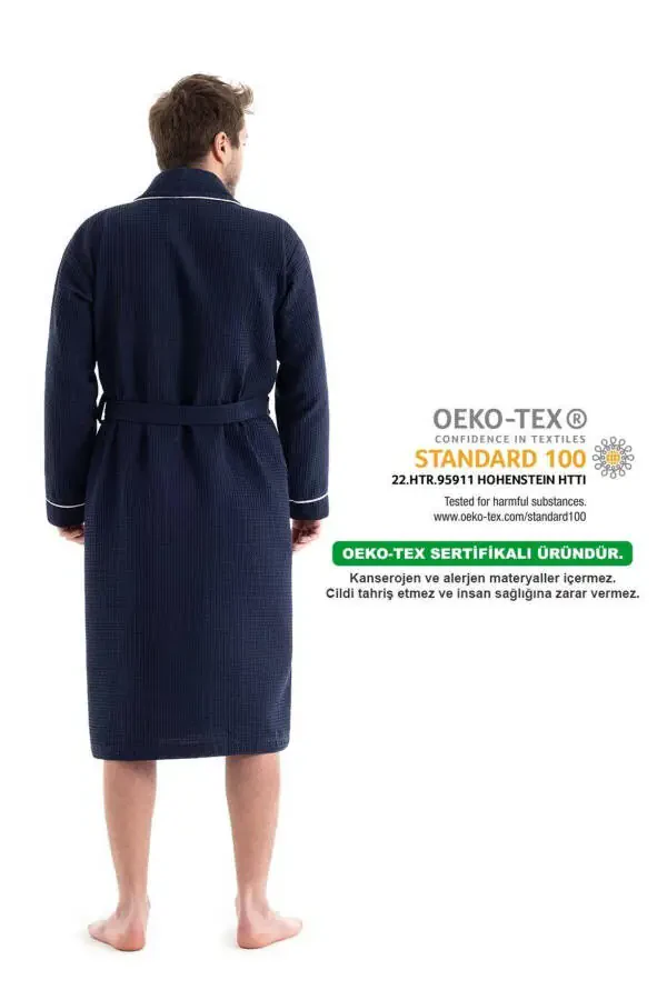 Unisex Navy Blue Hooded Bathrobe - Durable and Soft Model - Absorbent Bathrobe Color Options Available - 4