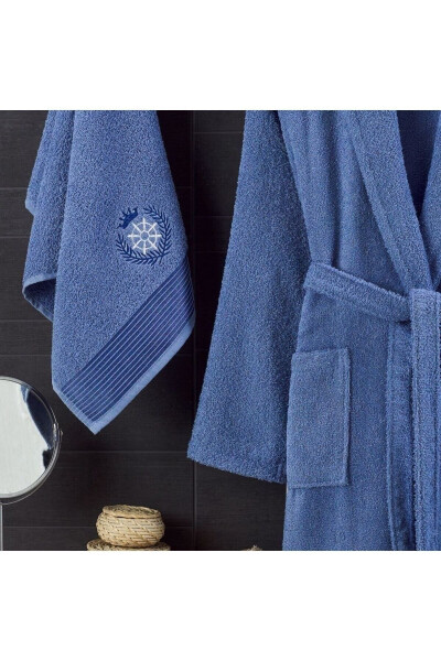 Unisex Navy Blue Towel Bathrobe 2-Piece Set-NAVY BLUE - 3