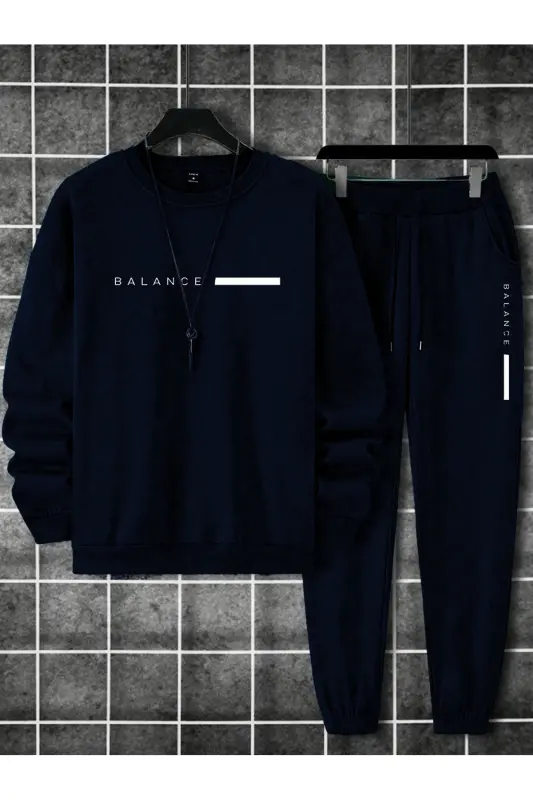 Unisex Navy Blue Tracksuit with BALANCE Print and Fleece Lining - Navy Blue - SEUSCRAFT