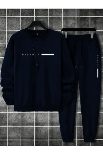 Unisex Navy Blue Tracksuit with BALANCE Print and Fleece Lining - Navy Blue 